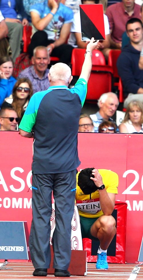 Crushed ... Jake Stein is eliminated after a second false start. (Getty Images)