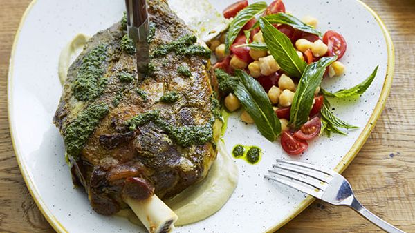 Slow-roasted Moran family lamb shoulder with chermoula, zucchini and mint