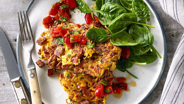 Shredded beef, sweet potato and herb fritters with capsicum relish