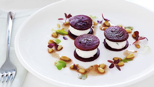 Pickled beetroot with creamed goat's cheese and pine nut vinaigrette