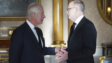 King Charles III speaks with Prime Minister of Australia Anthony Albanese in London.