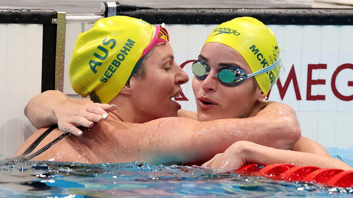 Emily Seebohm of Team Australia and Kaylee McKeown of Team Australia compete in heat six of the Women&#x27;s 100m Backstroke.