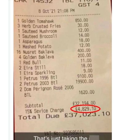 An astonishing bill reportedly from Salt Bae's restaurant