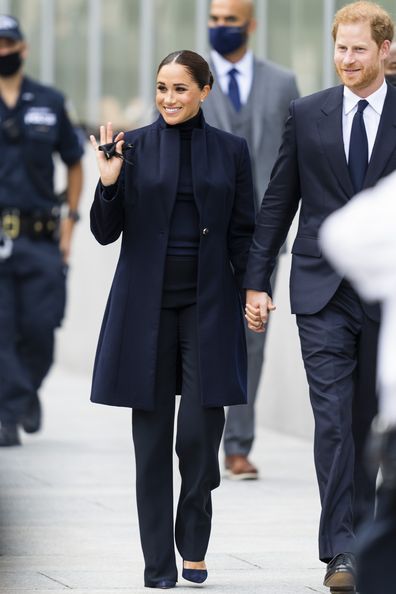 NEW YORK, NEW YORK - SEPTEMBER 23: Meghan Markle, Duchess of Sussex, and Prince Harry, Duke of Sussex, are seen at the World Trade Center on September 23, 2021 in New York City. (Photo by Gotham/GC Images)