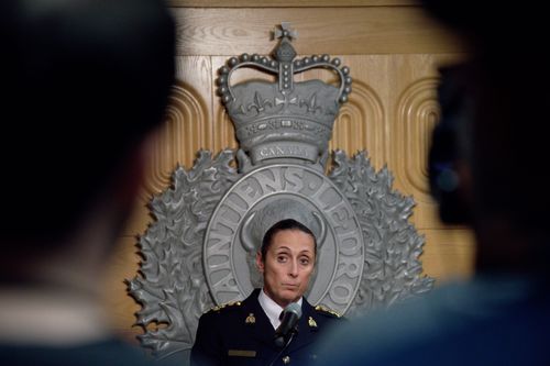 Assistant Commissioner Rhonda Blackmore speaks during a press conference at the Royal Canadian Mounted Police "F" Division headquarters in Regina