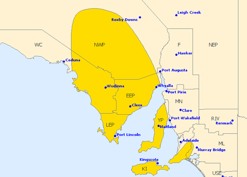 North to northwesterly winds averaging 50 to 65 km/h with gusts of 90 to 100 km/h are forecast over parts of the warning area today in South Australia. 