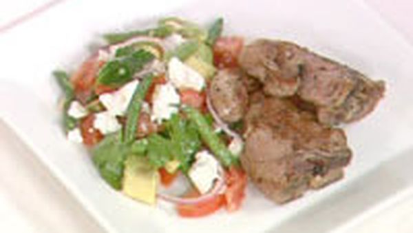 Avocado, bean and tomato salad with greek lamb chops