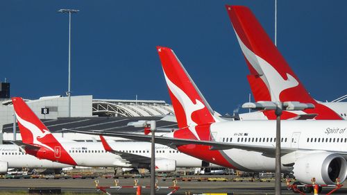 The vertical stabilisers of Qantas planes at Sydney Kingsford-Smith Airport, from the left: a Boeing B737-838 plane, registration VH-XZD; a Boeing B787-9 plane, registration VH-ZNE; and an Airbus A380-842 plane, registration VH-OQB. In the background on the left is a fourth Qantas plane, a Boeing B737-838, registration VH-XZH. In the far background is the international terminal.  In the foreground are navigational light structures at the northern end of the runway.  This image was taken from Nig