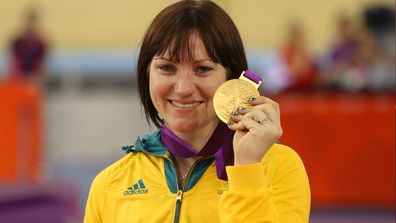 Anna Meares of Australia celebrates her gold medal at the London 2012 Olympic Games 
