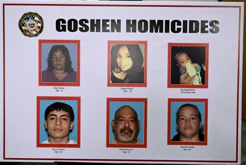 The victims of a shooting in Goshen, California, are displayed during a news conference, Tuesday, January 17, 2023, in Visalia, California.