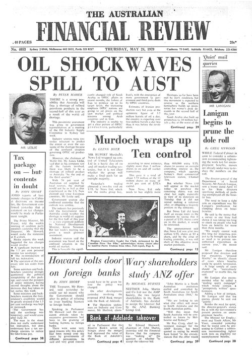 A frontpage of The Australian Financial Review from 1979, reflecting the oil crisis of the 1970s and its impact on the economy.