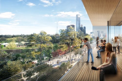 The design includes grassy space and tree-lined paths that lead out to the Yarra River.

