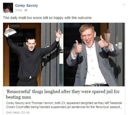 Corey Savory and Thomas Vernon, both aged 23, celebrate as they walk free from an English court despite admitting to an unprovoked attack on an innocent man. (Facebook)