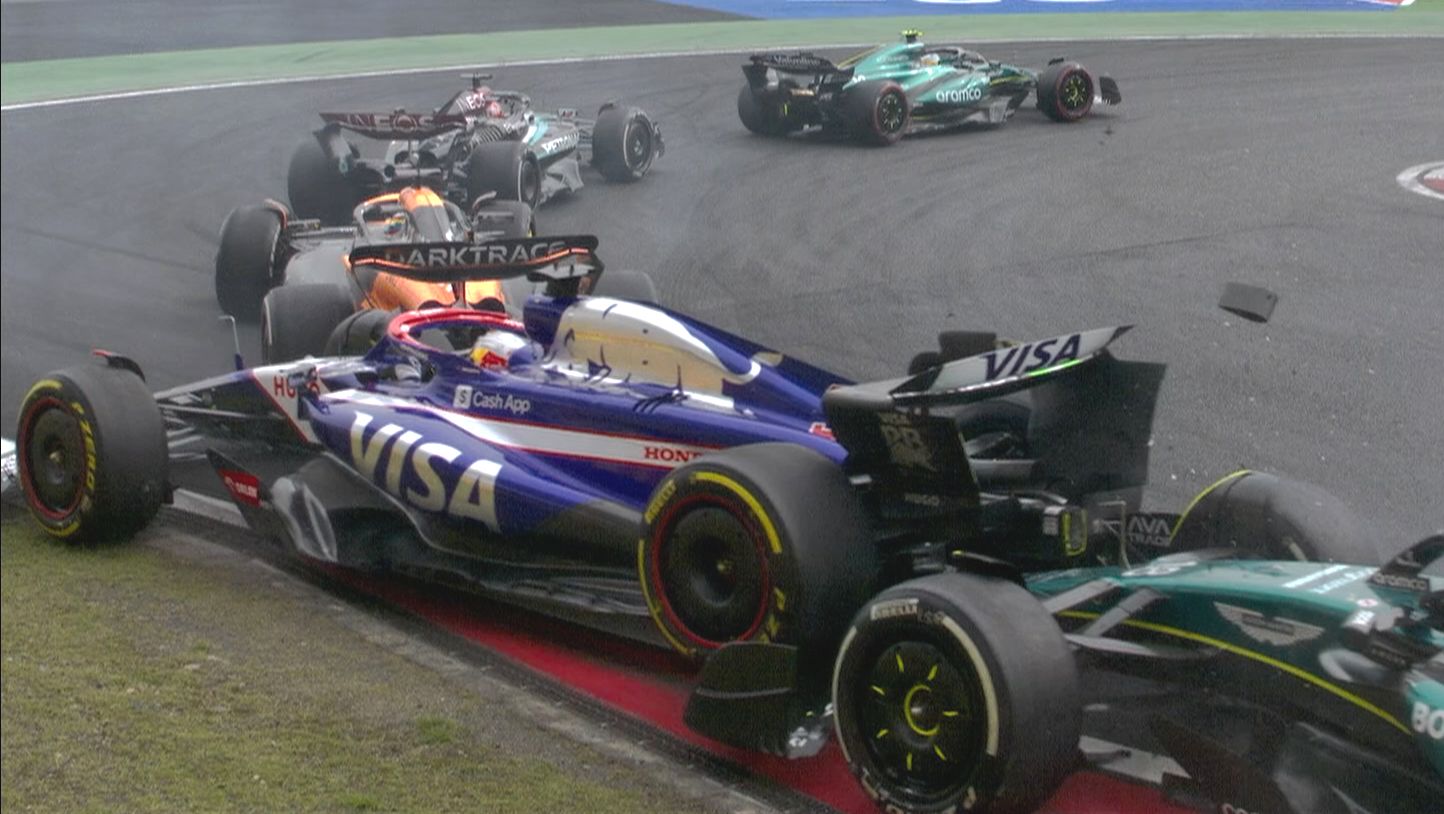Daniel Ricciardo is hit by Lance Stroll under safety car conditions in the Chinese Grand Prix.