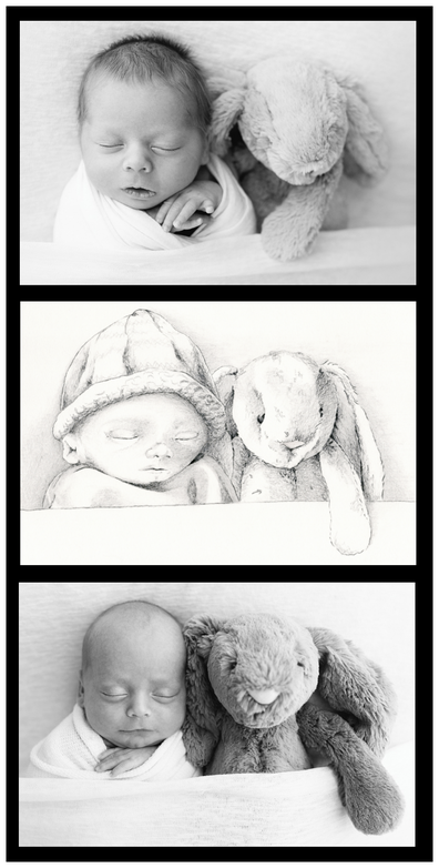 Theodore and Oscar photographed with bunnies with Louis drawn in between