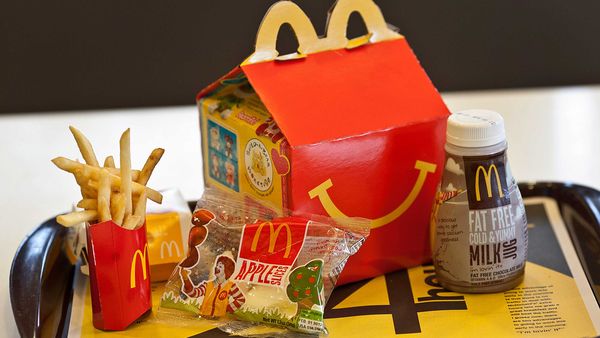 A Happy Meal is displayed for a photograph on a tray at a McDonald&#x27;s Corp. restaurant in Little Falls, New Jersey, U.S., on Wednesday, Feb. 15, 2012. McDonald&#x27;s Corp., the world&#x27;s largest restaurant chain, said sales at stores open at least 13 months rose 6.7 percent globally last month as beverages and Chicken McBites helped the U.S. business. Photographer: Emile Wamsteker/Bloomberg via Getty Images