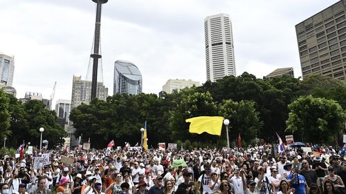 Demonstrators gather in Sydney's Central Business District to show their support for Novak Djokovic. 