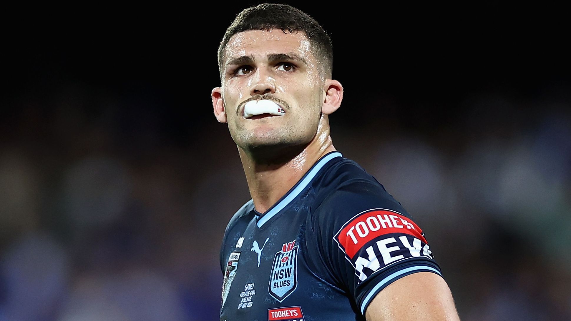 ADELAIDE, AUSTRALIA - MAY 31: Nathan Cleary of the Blues looks on during game one of the 2023 State of Origin series between the Queensland Maroons and New South Wales Blues at Adelaide Oval on May 31, 2023 in Adelaide, Australia. (Photo by Cameron Spencer/Getty Images)