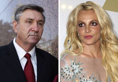 This combination photo shows Jamie Spears, left, father of Britney Spears, as he leaves the Stanley Mosk Courthouse on Oct. 24, 2012, in Los Angeles and Britney Spears at the Clive Davis and The Recording Academy Pre-Grammy Gala on Feb. 11, 2017, in Beverly Hills, Calif.