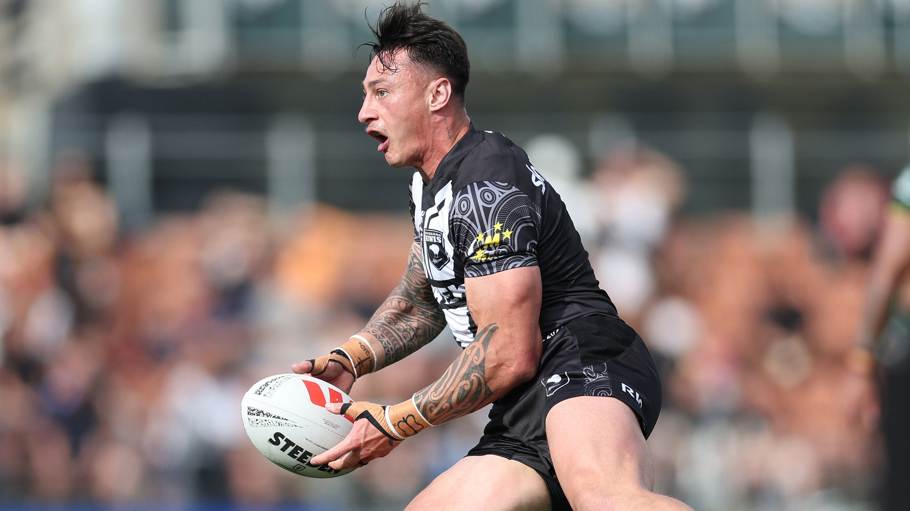 Charnze Nicoll-Klokstad of New Zealand during the Pacific Championship final between the Kangaroos and the Kiwis.