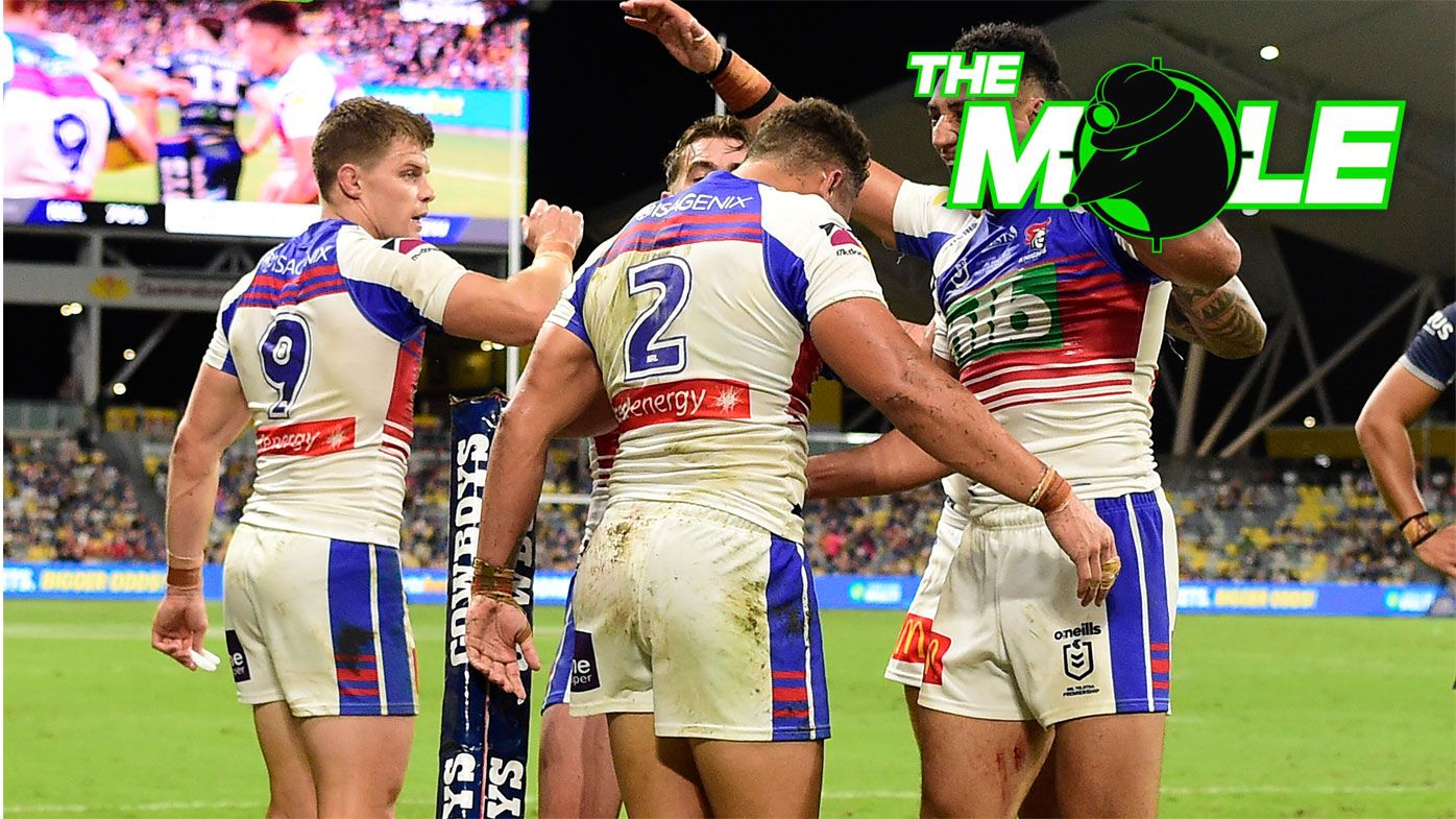 Knights utility Starford To&#x27;a celebrates a try in the 2021 season against the Cowboys.
