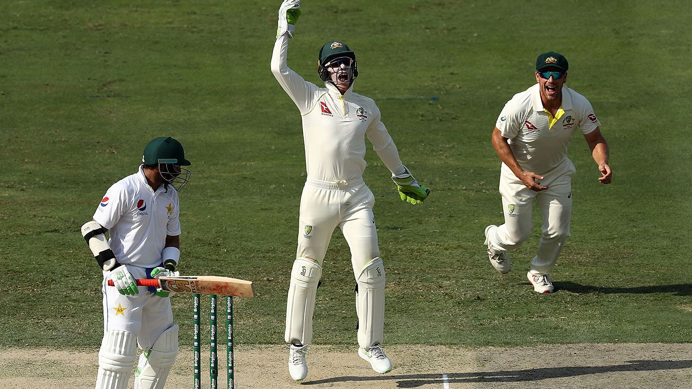 Tim Paine celebrates the wicket of Imam-Ul-Haq 