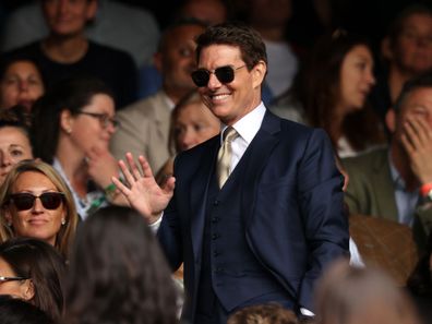 LONDON, ENGLAND - JULY 10:  Tom Cruise watches the Ladies' Singles Final match between Ashleigh Barty of Australia and Karolina Pliskova of The Czech Republic  on Day Twelve of The Championships - Wimbledon 2021 at All England Lawn Tennis and Croquet Club on July 10, 2021 in London, England. (Photo by Clive Brunskill/Getty Images)