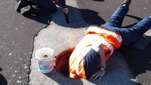 Rescuers reached into a manhole to retrieve the ducks. (Royal NZ Air Force Facebook)