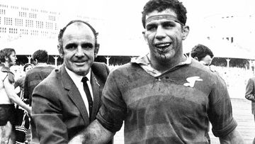 John Sattler leaves the field with a broken jaw after the 1970 grand final between the South Sydney Rabbitohs and the Balmain Tigers.