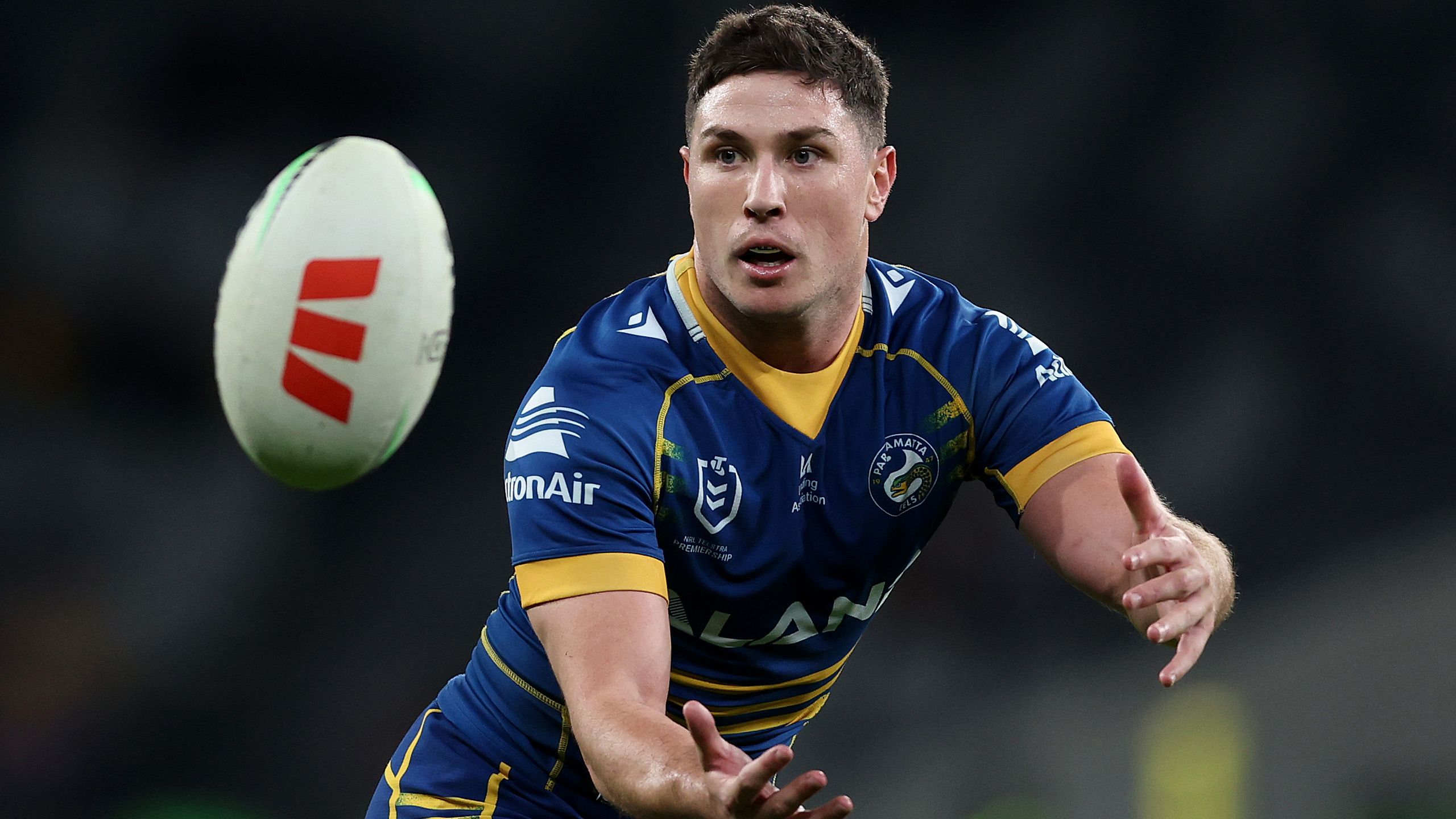 Mitchell Moses of the Eels catches a pass during the round 13 NRL match between Parramatta Eels and North Queensland Cowboys at CommBank Stadium on May 26, 2023 in Sydney, Australia. (Photo by Mark Metcalfe/Getty Images)