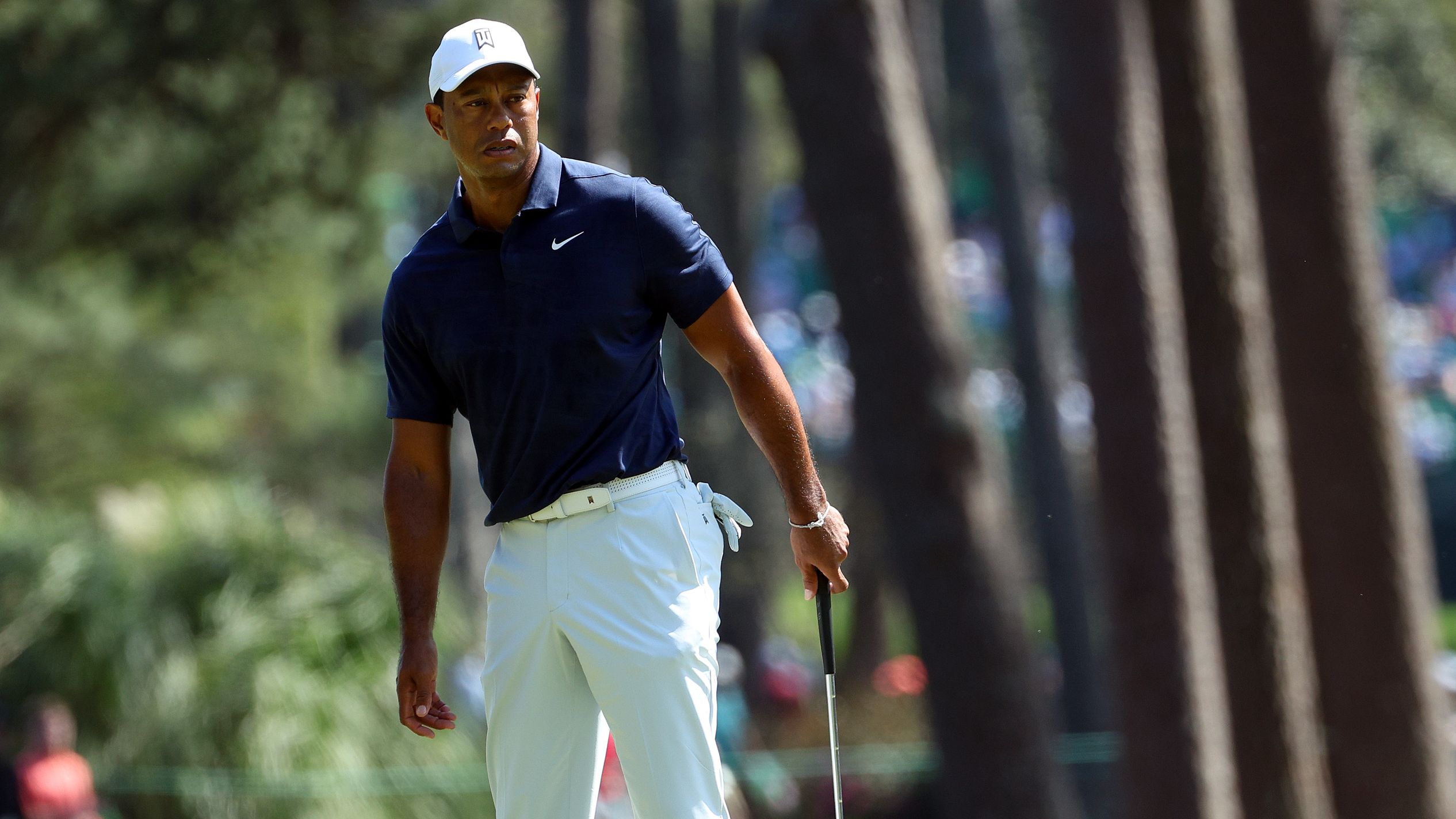Tiger Woods looks on from the ninth tee during a practice round ahead of the Masters.