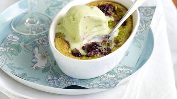 Blackberry and pistachio clafoutis with pistachio ice-cream