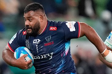 Taniela Tupou of the Rebels runs with the ball during the round seven Super Rugby Pacific match between Melbourne Rebels and Fijian Drua.