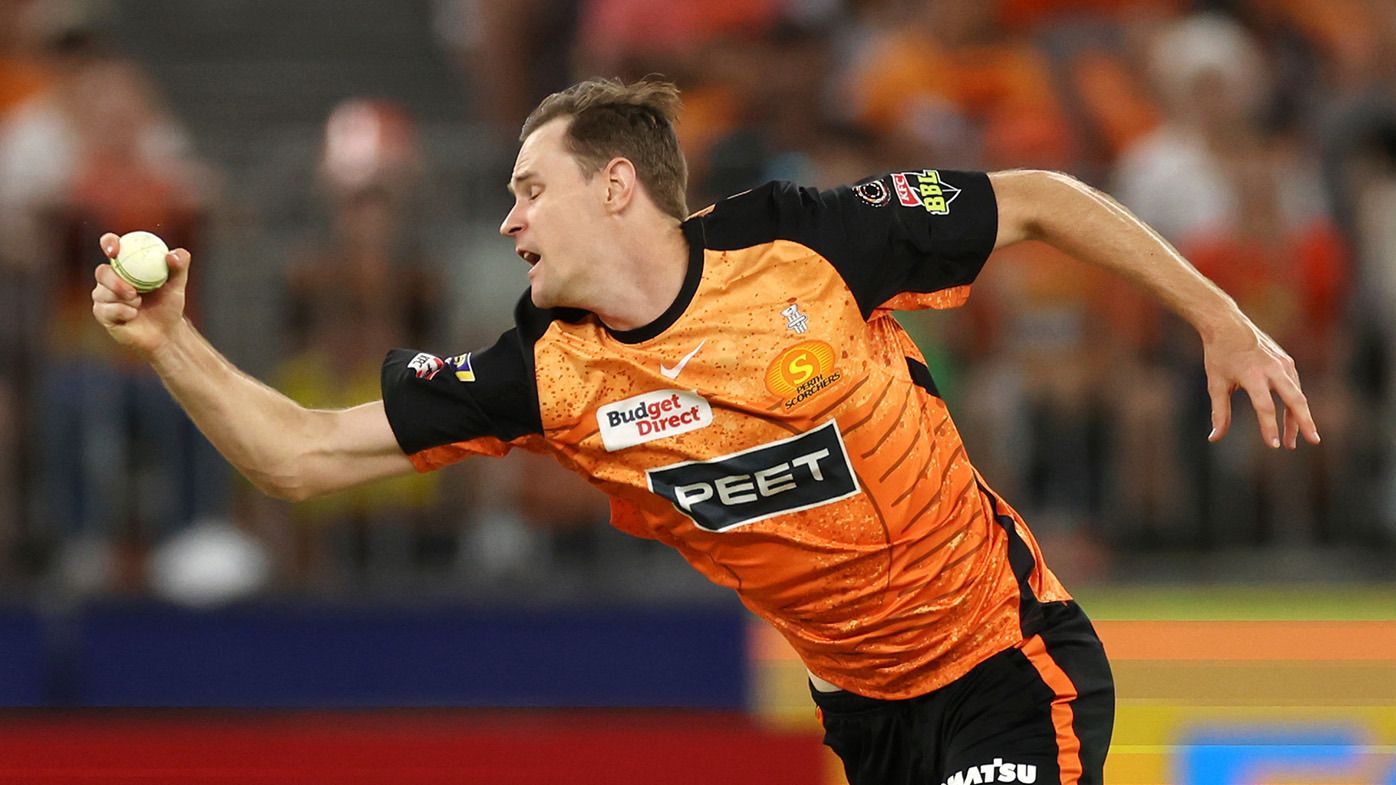 Jason Behrendorff of the Scorchers fields off his own bowling during the BBL match between Perth Scorchers and Sydney Sixers at Optus Stadium, on January 16, 2024, in Perth, Australia. (Photo by Will Russell - CA/Cricket Australia via Getty Images)