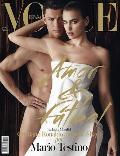 <b>Football superstar Cristiano Ronaldo has left little to the imagination ahead of the World Cup after agreeing to strip-off for a photoshoot with his girlfriend Irina Shayk.</b><br/><br/>Ronaldo, who'll lead Portugal's charge in Brazil, got his gear off for Spain's Vogue magazine and appears on its front cover, standing naked, behind his Russian partner.<br/><br/>Video of the photoshoot shows them in a series of intimate poses, cementing their reputation as football's hottest couple.