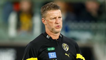 MELBOURNE, AUSTRALIA - MARCH 31: Damien Hardwick, Senior Coach of the Tigers looks on during the 2023 AFL Round 03 match between the Collingwood Magpies and the Richmond Tigers at the Melbourne Cricket Ground on March 31, 2023 in Melbourne, Australia. (Photo by Michael Willson/AFL Photos)