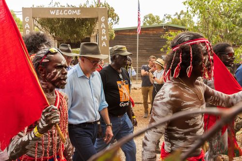 Prime Minister of Australia Anthony Albanese with Yolngu men during Garma Festival 2022