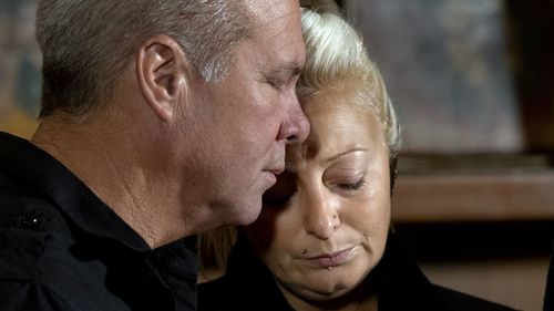 Charlotte Charles, mother of Harry Dunn, who died after his motorbike was involved in an August 2019 accident in Britain with Anne Sacoolas, wife of an American diplomat, speaks at a news conference joined by family members Monday, Oct. 14, 2019, in New York.