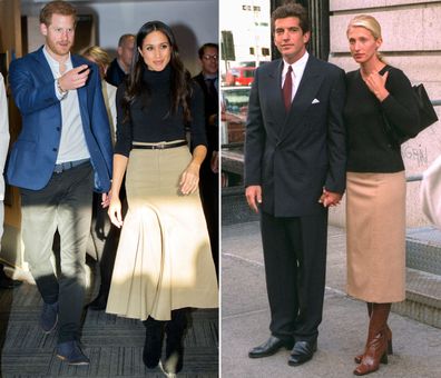 Meghan Markle in 2017; Carolyn Bessette Kennedy in 1996.