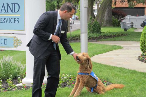 Matthew Fiorillo, owner of the Ballard-Durand funeral home in White Plains New York plays with Lulu. (AAP)