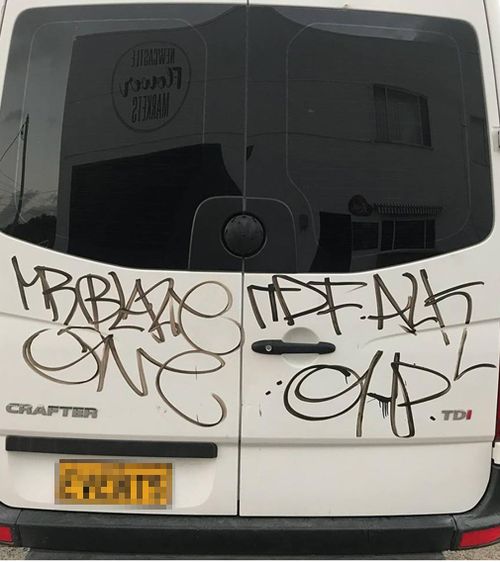 A Newcastle florist arrived at work on Tuesday to see her work van had been vandalised with graffiti. Picture: Facebook.