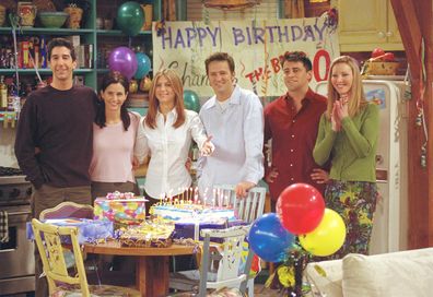 Cast members of NBC's comedy series "Friends." Pictured (l to r): David Schwimmer as Ross Geller, Courteney Cox as Monica Geller, Jennifer Aniston as Rachel Cook, Matthew Perry as Chandler Bing, Matt LeBlanc as Joey Tribbiani and Lisa Kudrow as Phoebe Buffay. Episode: "The One Where They All Turn Thirthy." (Photo by Warner Bros. Television)