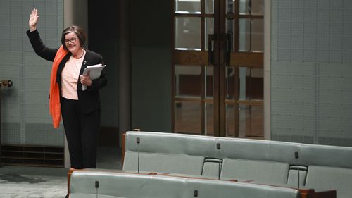 Independent MP Cathy McGowan leaves the chamber after delivering her valedictory speech in the House of Representatives at Parliament House in Canberra on April 4, 2019.