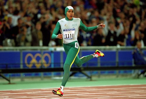 Cathy Freeman crossing the finish line and winning gold in the 400 metres at the Sydney 2000 Olympics.