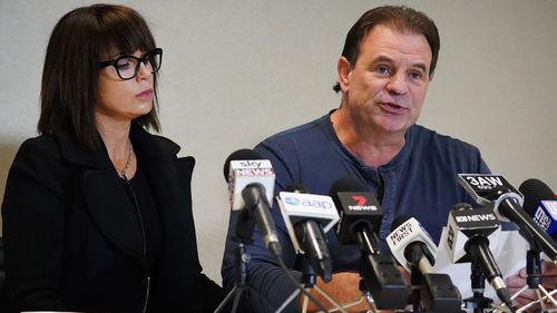 CFMMEU Secretary John Setka and his wife Emma Walters speak to the media during a press conference at the Electrical Trades Union building in Melbourne.