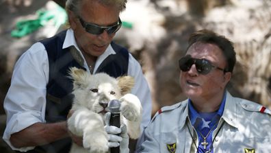 Siegfried Fischbacher, left, holds up a white lion cub as Roy Horn holds up a microphone during an event to welcome three white lion cubs to Siegfried & Roy's Secret Garden and Dolphin Habitat, in Las Vegas ( Photo: July 2014)