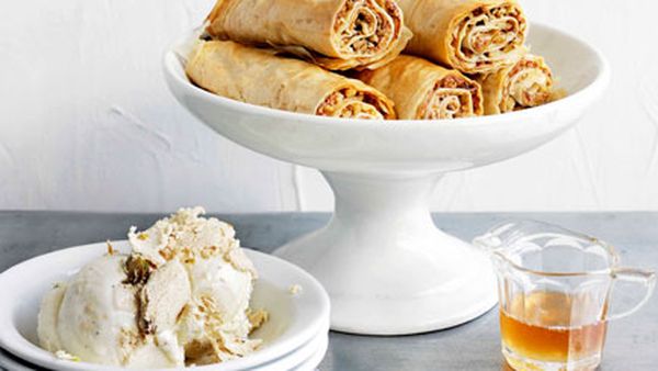 Baklava fingers with honey syrup and halva ice-cream