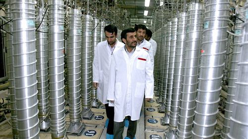 Iranian President Mahmoud Ahmadinejad visiting the Natanz uranium enrichment facilities some 300 kms south of the capital Tehran. 