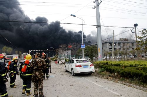 Rescuers work near the site of an explosion at a chemical industrial park in Xiangshui county, in east China's Jiangsu province, 21 March 2019. The blast has killed 44 people so far, with dozens injured. EPA/STRINGER CHINA OUT