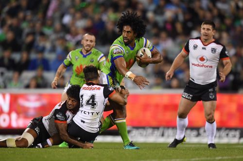 The Raiders big man bounces off a New Zealand Warriors player last season. (AAP)